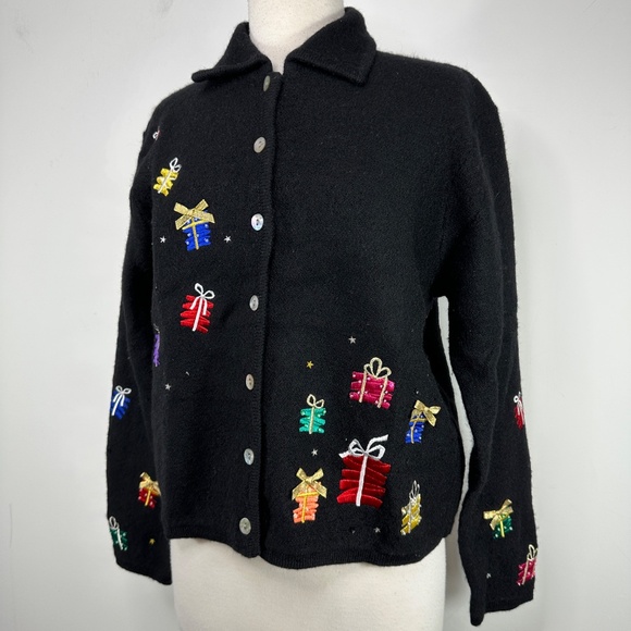 New Karen Scott Sport Boiled Wool Christmas Holiday Cardigan Knit Sz Petite L - Picture 2 of 15